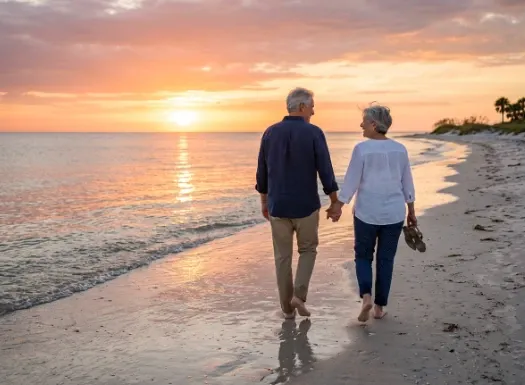 A senior couple walks hand-in-hand along a peaceful Gulfport beach at sunset with orange and pink clouds reflecting on water.